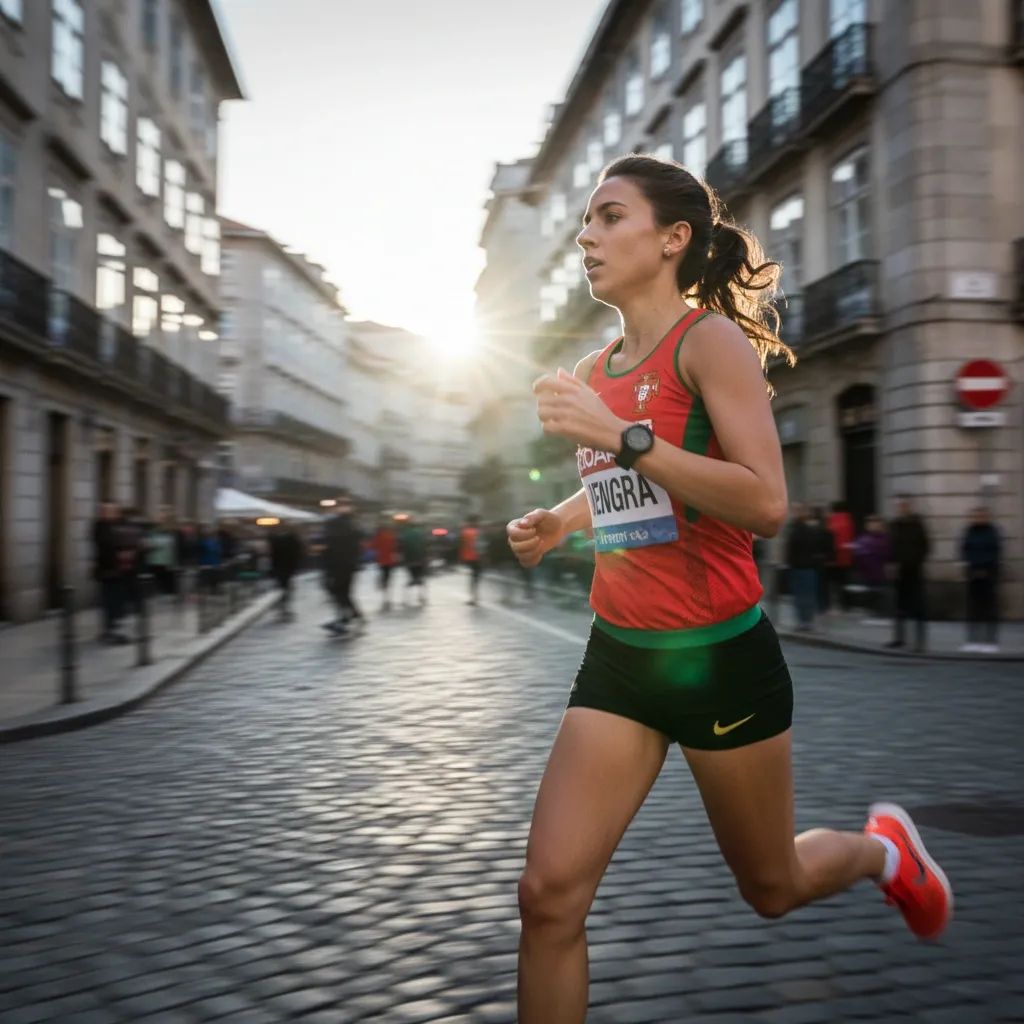 Female distance runner competing in 5K road race during urban trail event