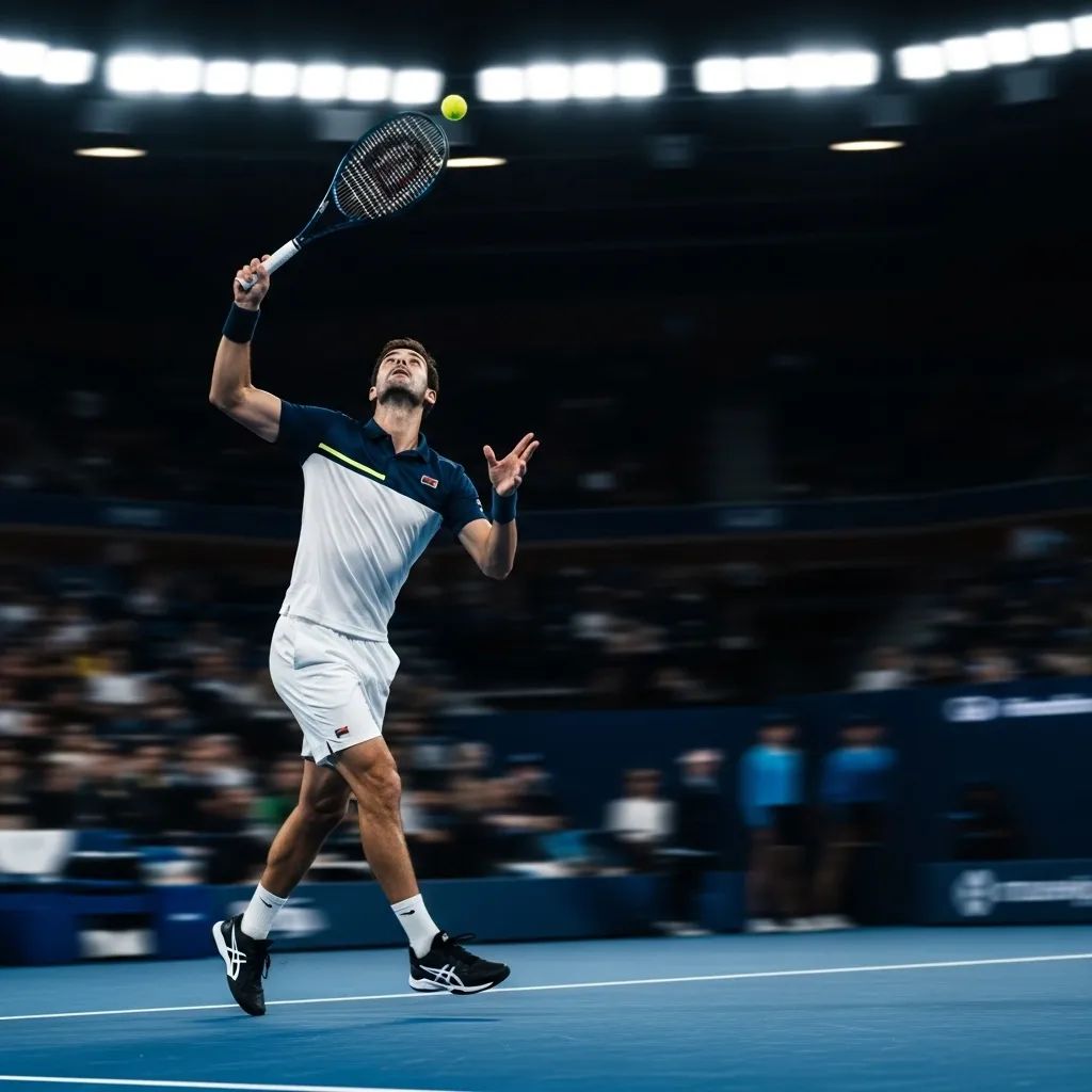 Tennis player serving on blue Plexicushion court during Australian Open qualifying match