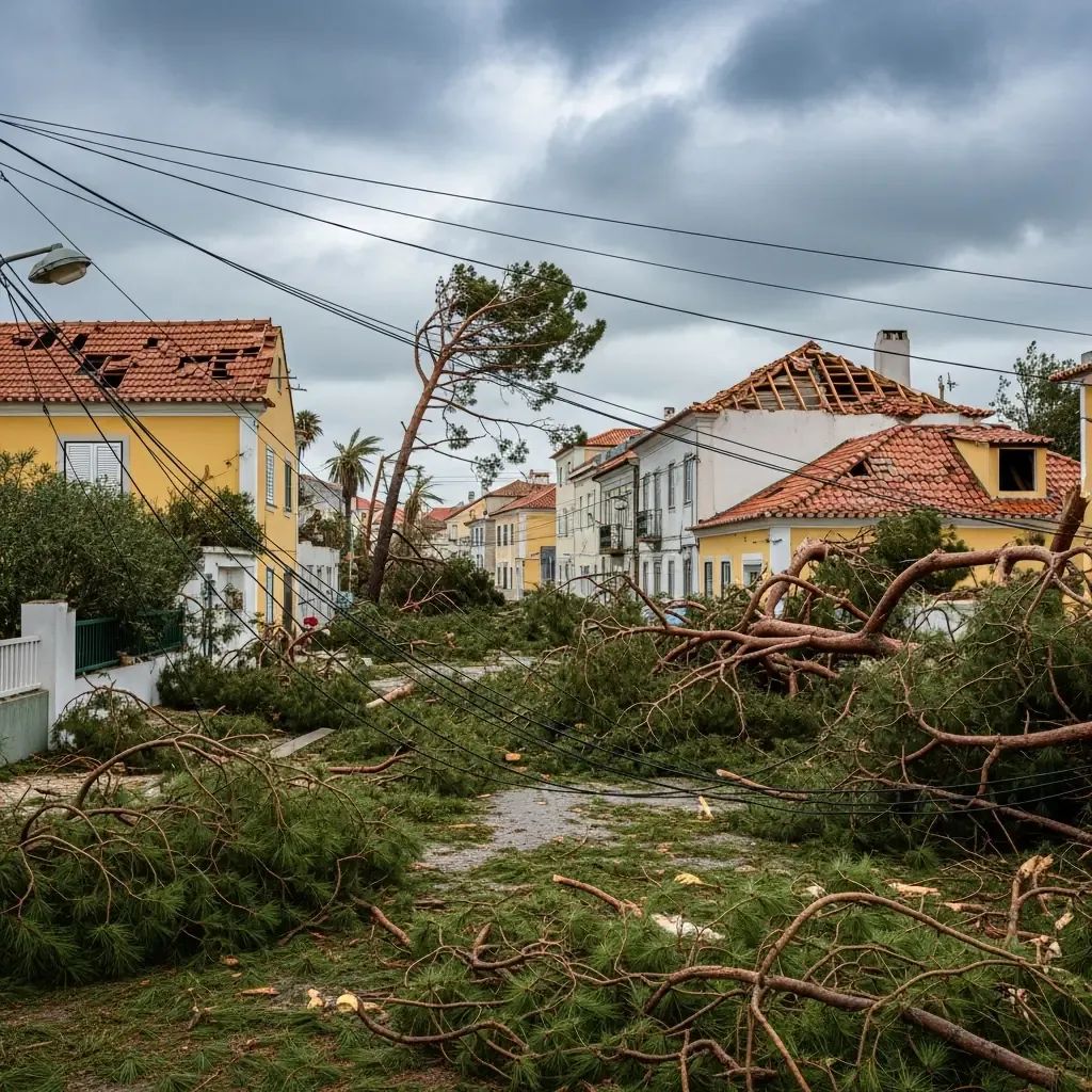 Uprooted pine trees and broken roofs on a Portuguese coastal street after Storm Kristin