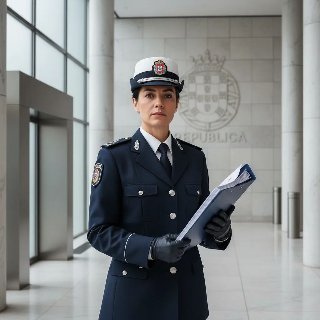 Portuguese police official with arrest warrant and official documents at judicial facility