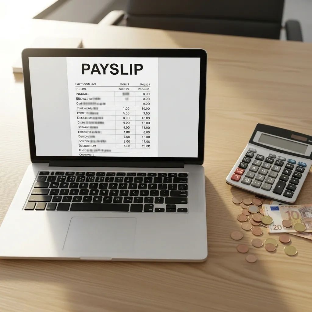 Overhead view of desk with laptop showing payslip, calculator and euro coins on a neutral background