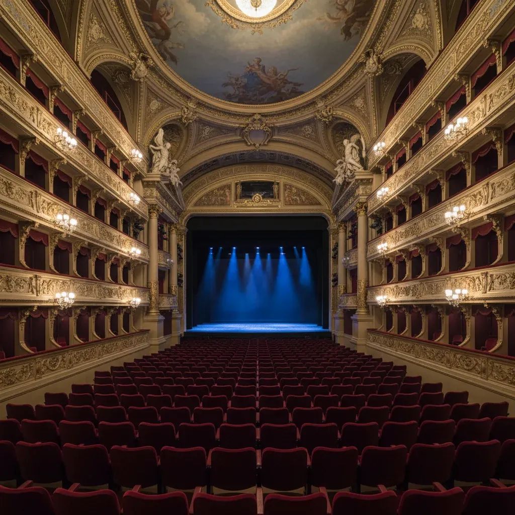 Empty grand opera house stage with theatrical lighting and classical architecture