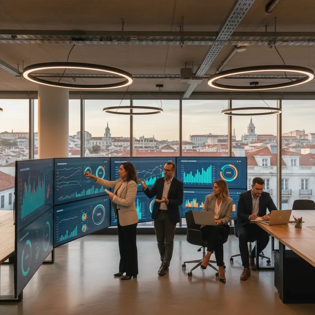Professionals collaborating over data analytics dashboards in a Lisbon office