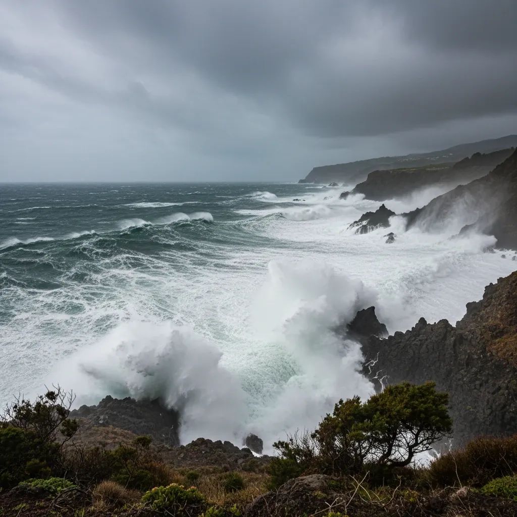 Large waves crash against Madeira's rocky coastline during severe Atlantic storm with dark storm clouds
