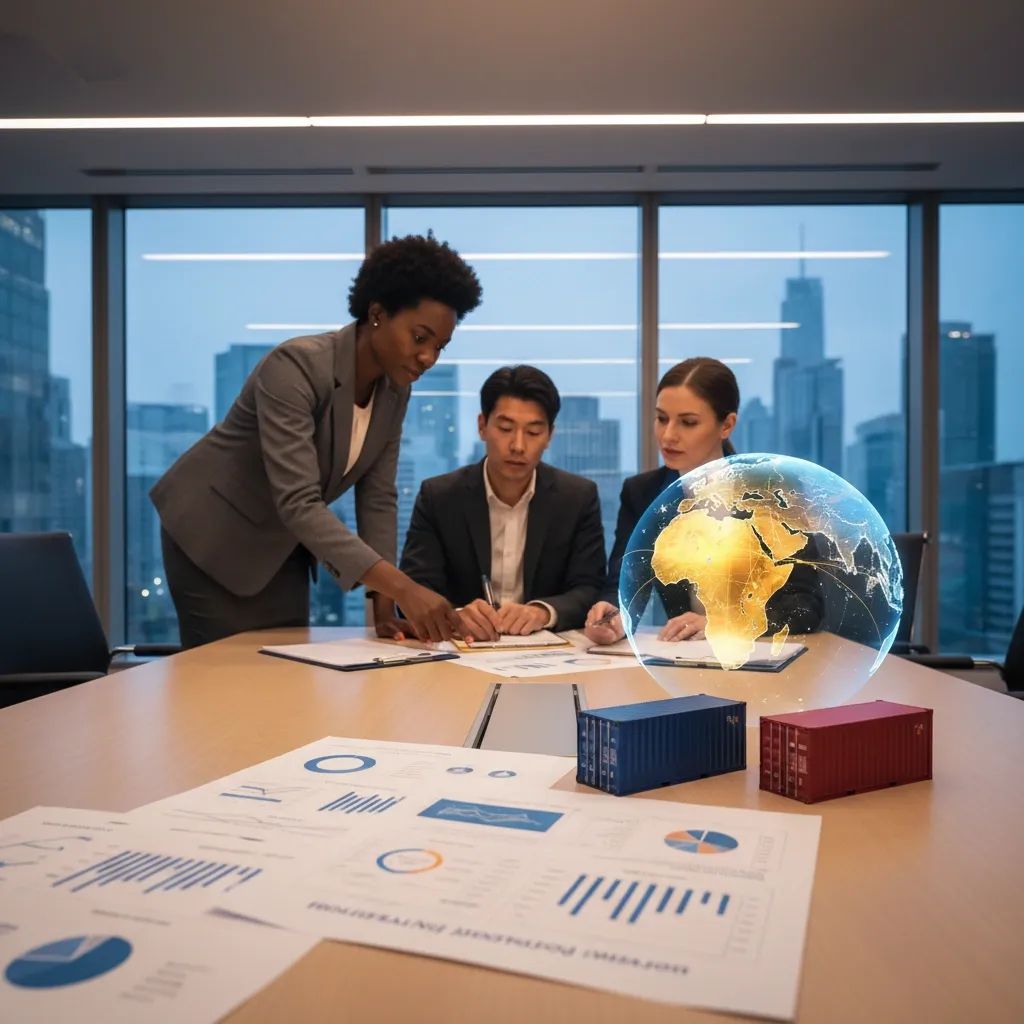 Business professionals reviewing international trade documents with globe and shipping containers representing Portugal-Brazil commerce partnership