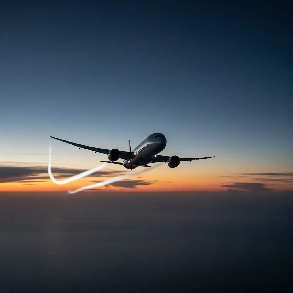 Avião comercial voando sobre o Atlântico próximo aos Açores com trilha de contrail