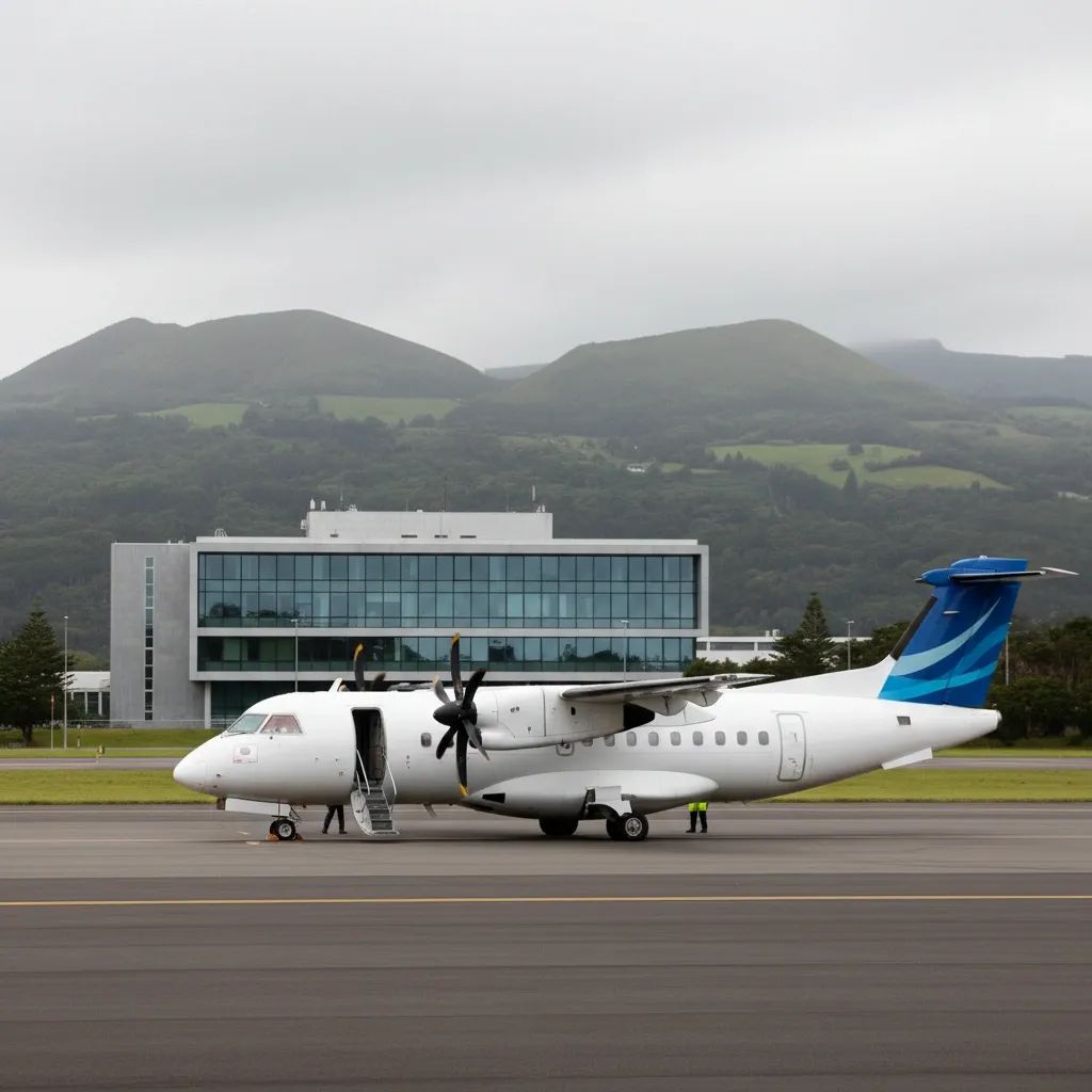 Regional passenger aircraft parked at an Azores airport apron with government building and hills behind
