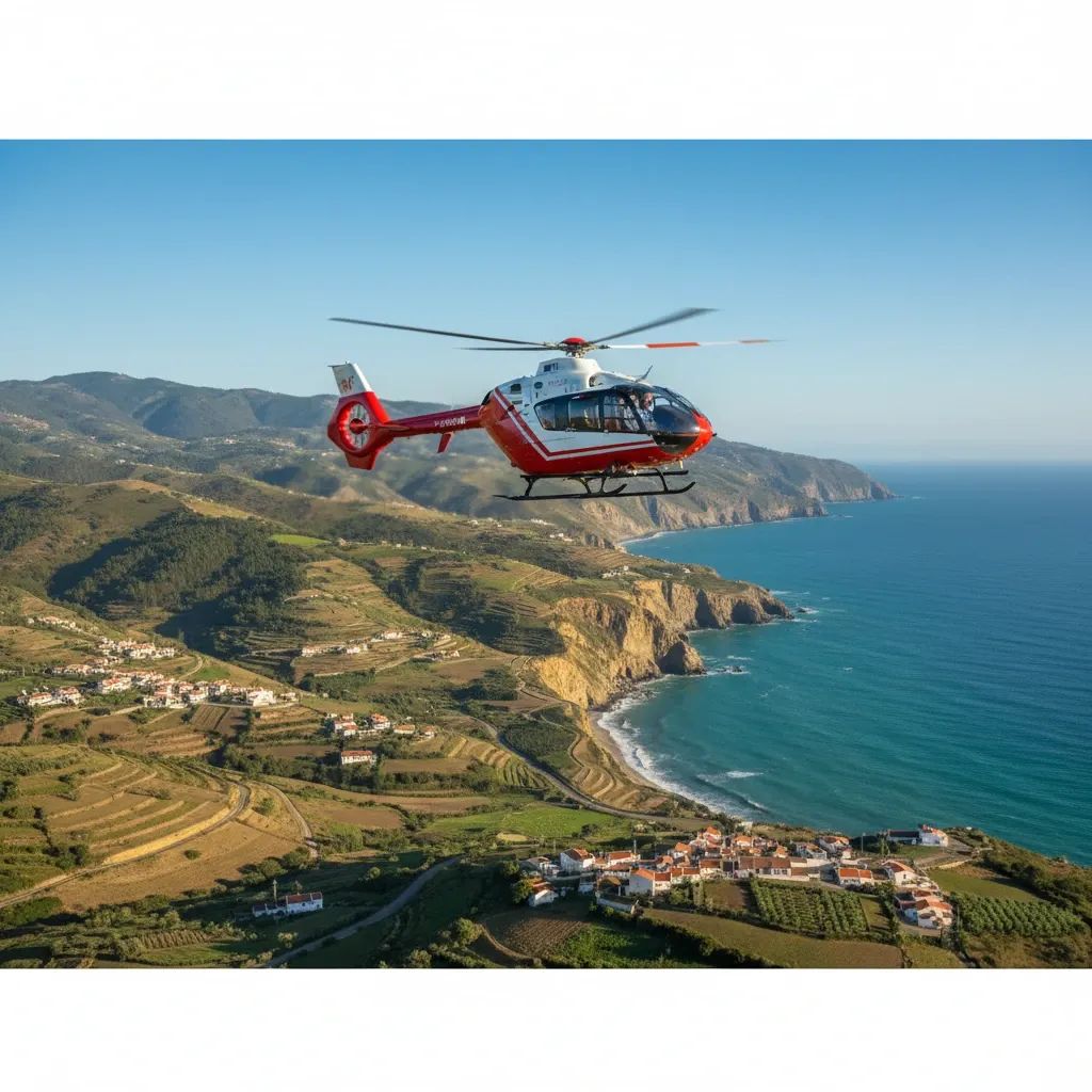 Modern Airbus H145 medical helicopter in flight over Portuguese rural landscape and mountains