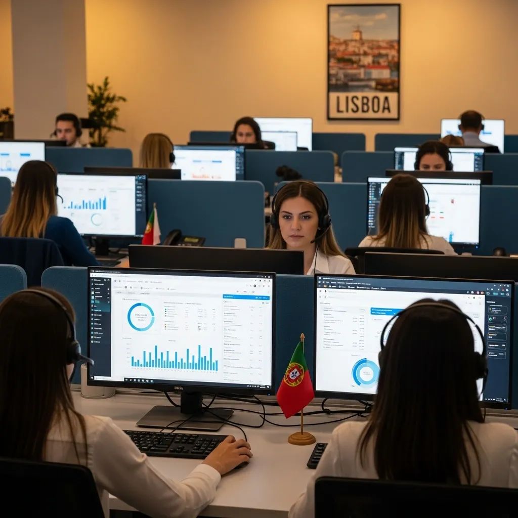 Call center operators wearing headsets in a modern office handling SNS 24 health helpline calls