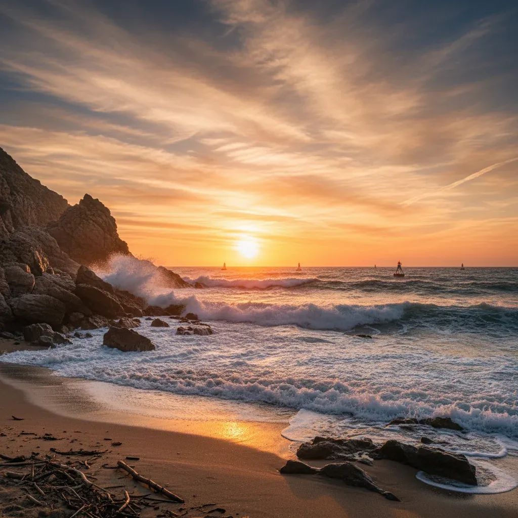 Mediterranean coastline with incoming waves and monitoring equipment visible, illustrating tsunami risk and preparedness