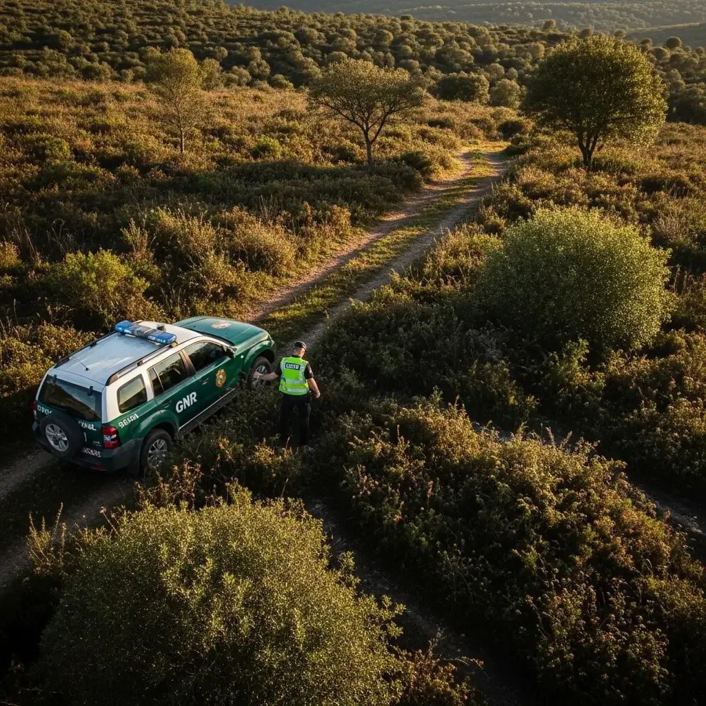 GNR officer inspecting overgrown vegetation near a Portuguese forest edge