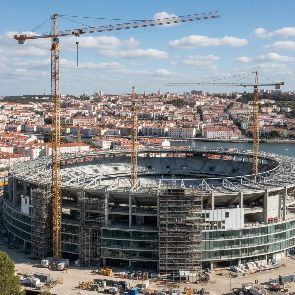 Modern Portuguese stadium under renovation with construction cranes, preparations for 2030 World Cup hosting