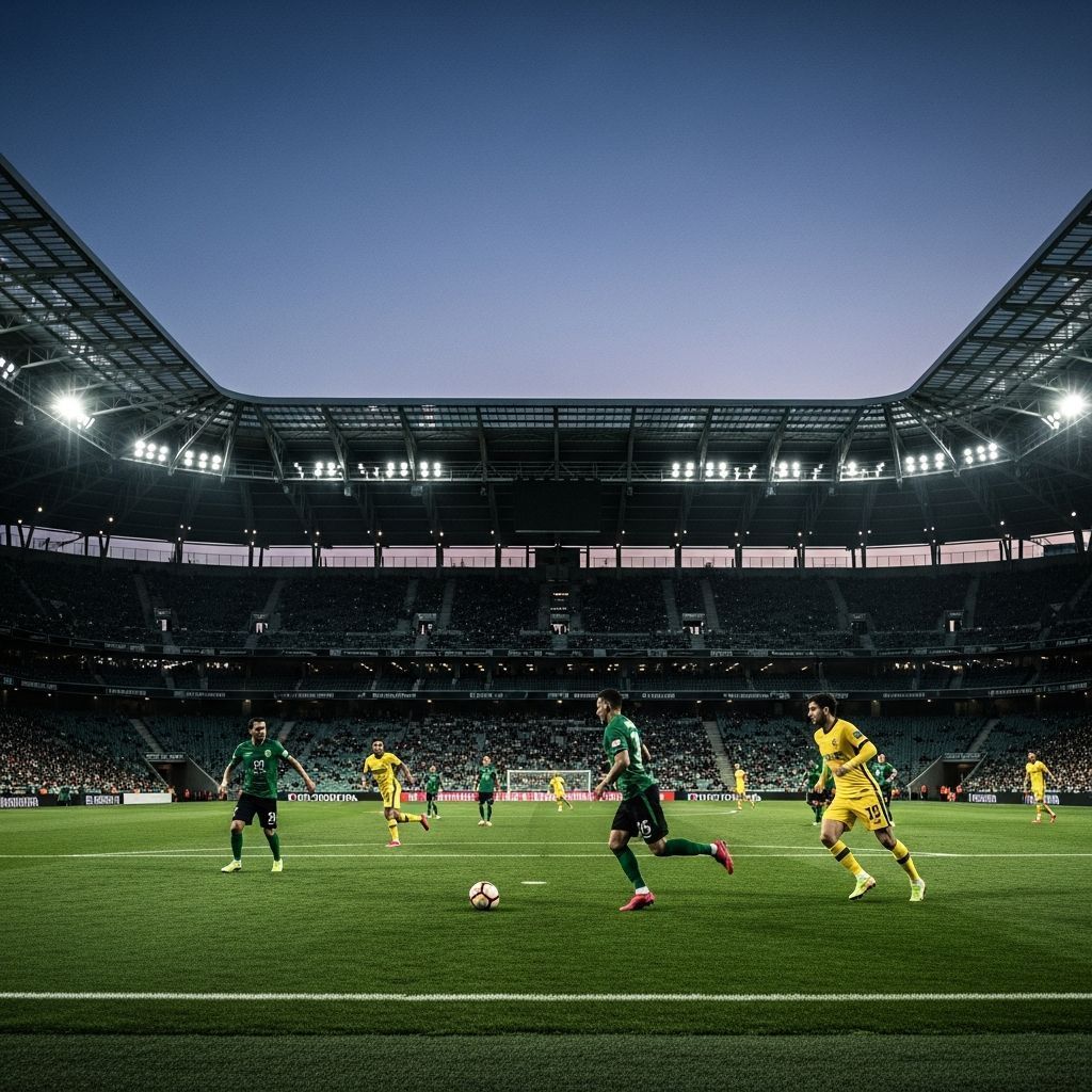 Soccer players in green and yellow kits competing under floodlights in a modern stadium