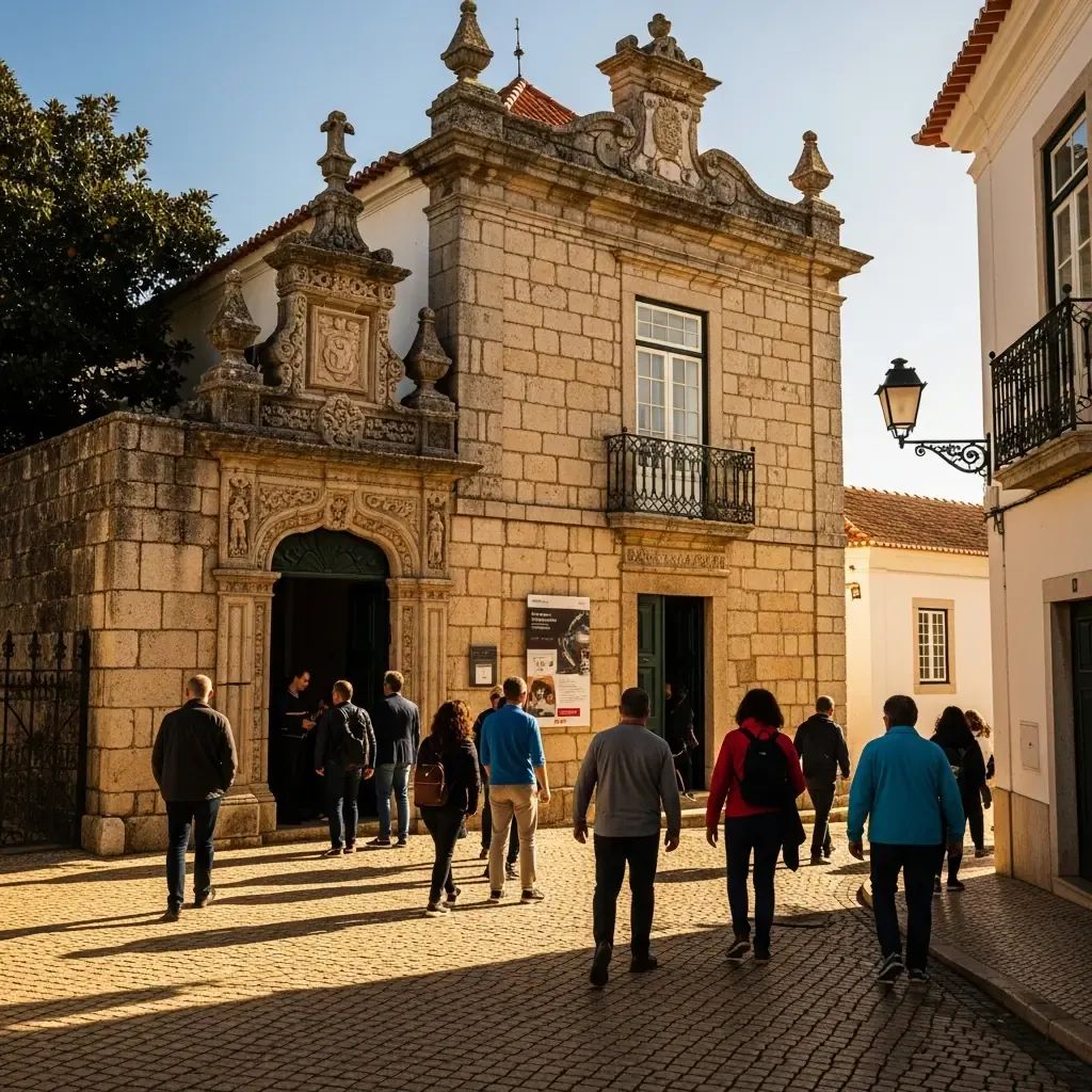 Historic Loulé museum exterior with visitors entering on a sunny Algarve cobblestone street