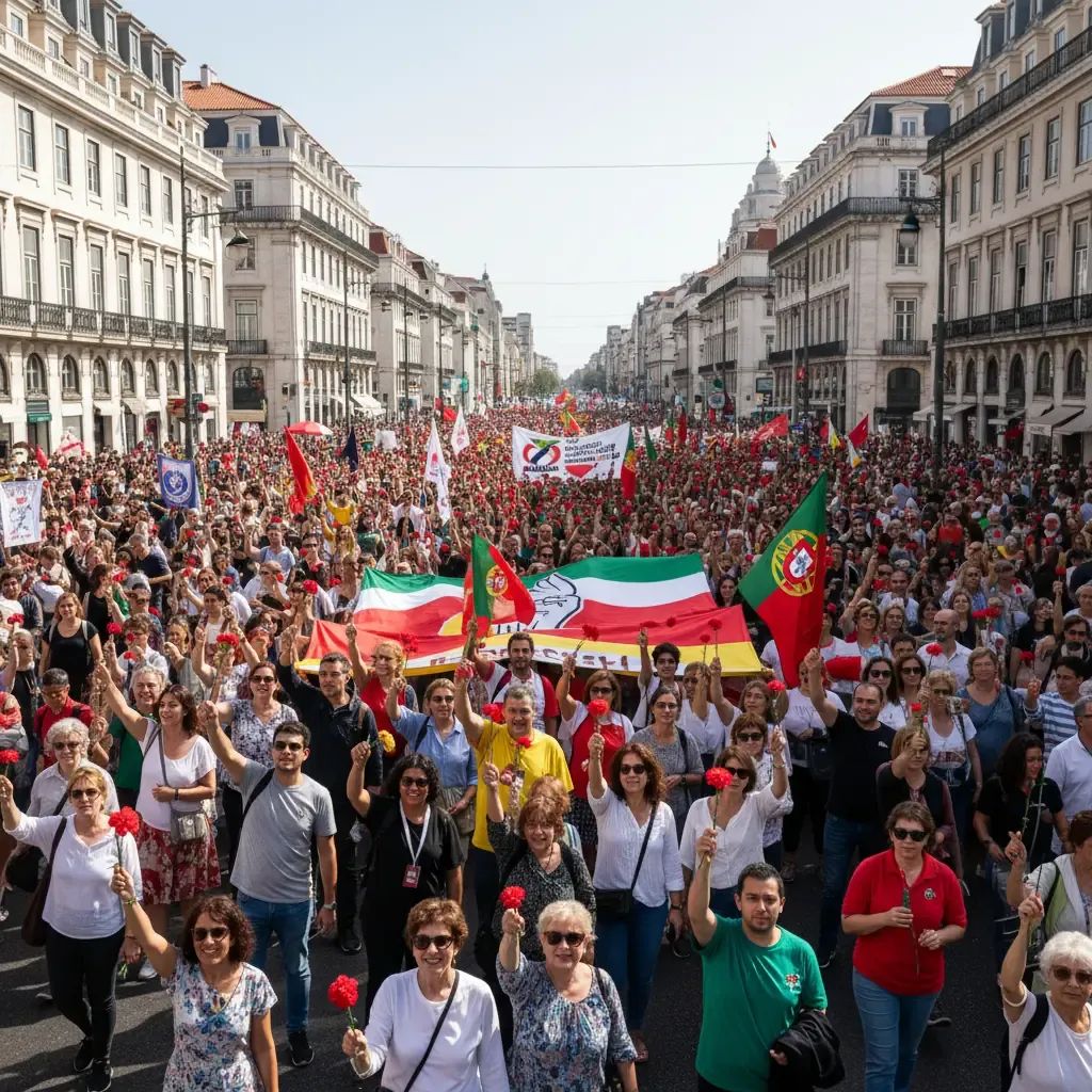 Thousands of people marching through Lisbon carrying red carnations during April 25 freedom commemoration