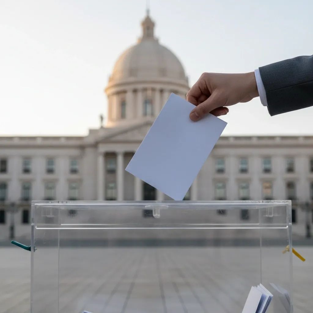 Hand placing a ballot into a transparent box with a Portuguese government building blurred behind