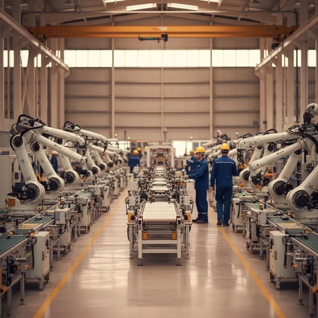 Portuguese factory floor with modern machines and distant workers, illustrating the nation’s industrial rebound