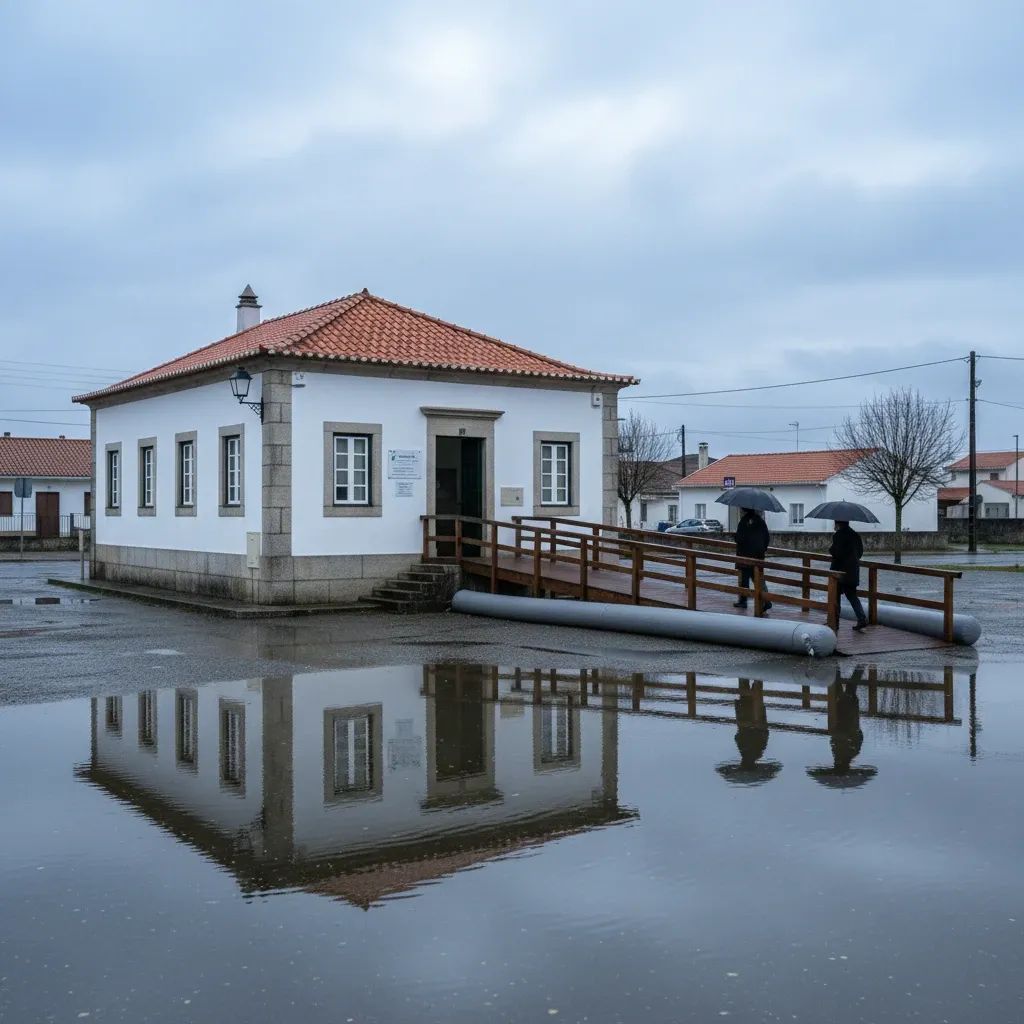 Polling station in a Portuguese town protected by flood barriers as voters arrive after recent floods