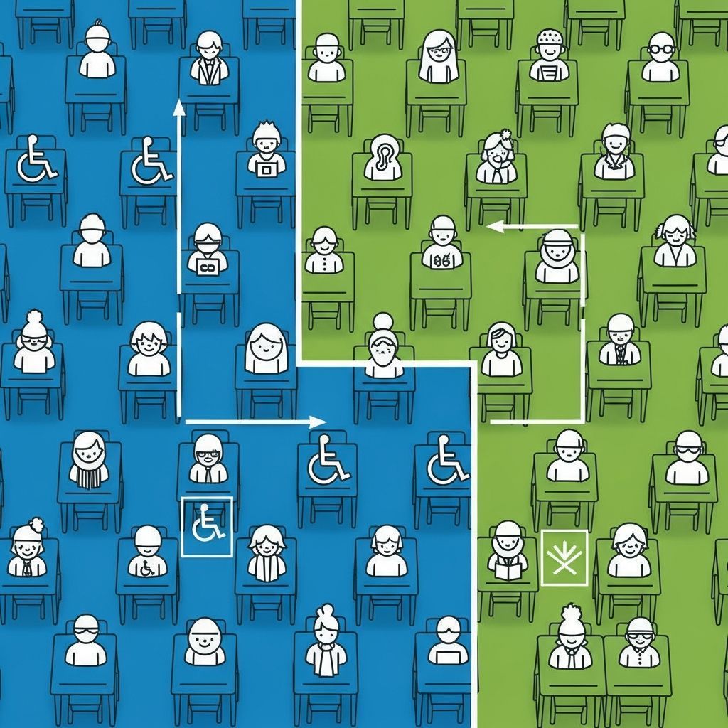 Infographic of an overcrowded inclusive classroom layout exceeding legal student limits