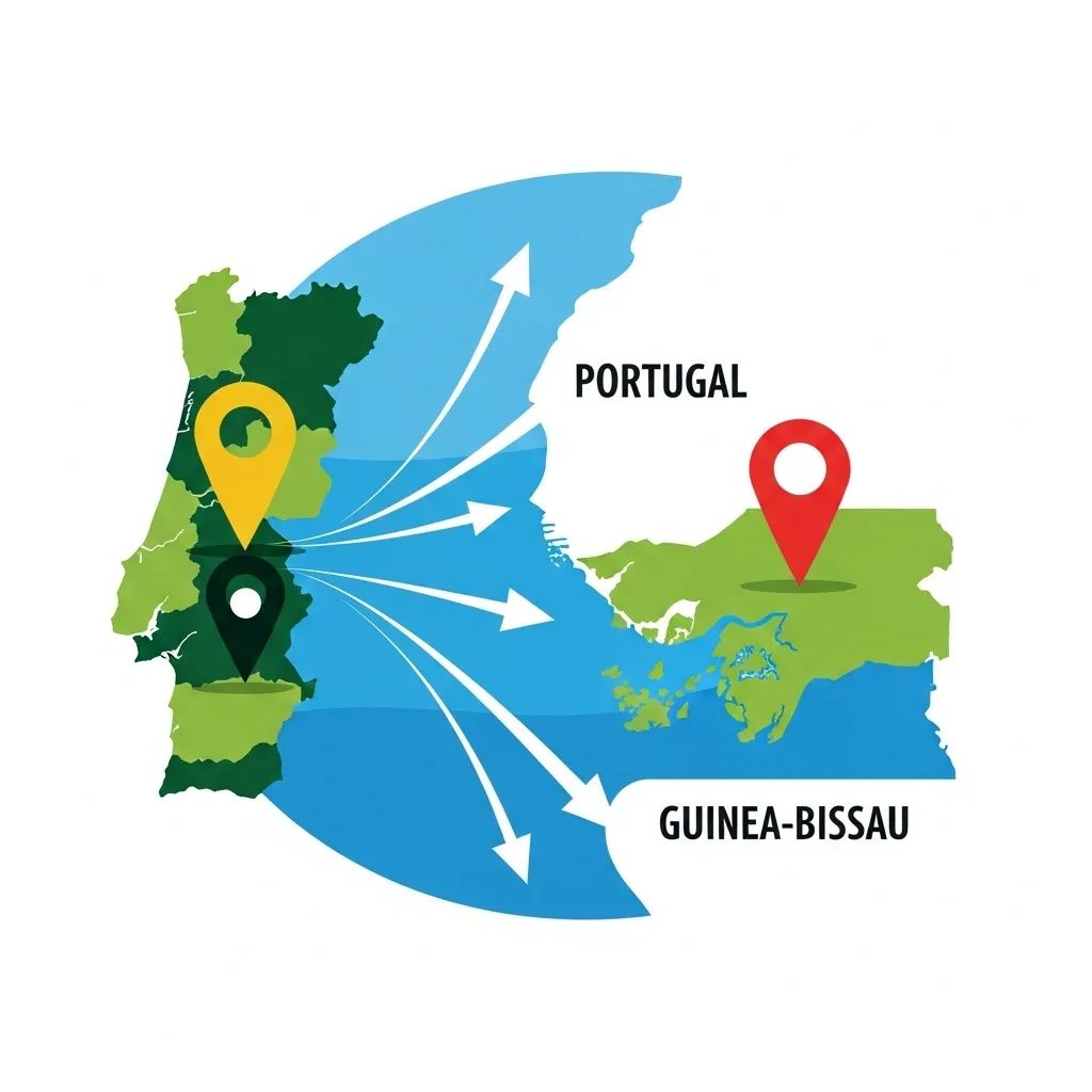 Stylized map of Portugal and Guinea-Bissau with arrows indicating trade and diplomatic connections