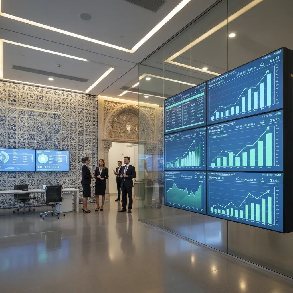 Modern banking office with financial growth charts and data displays representing BCP dividend announcement