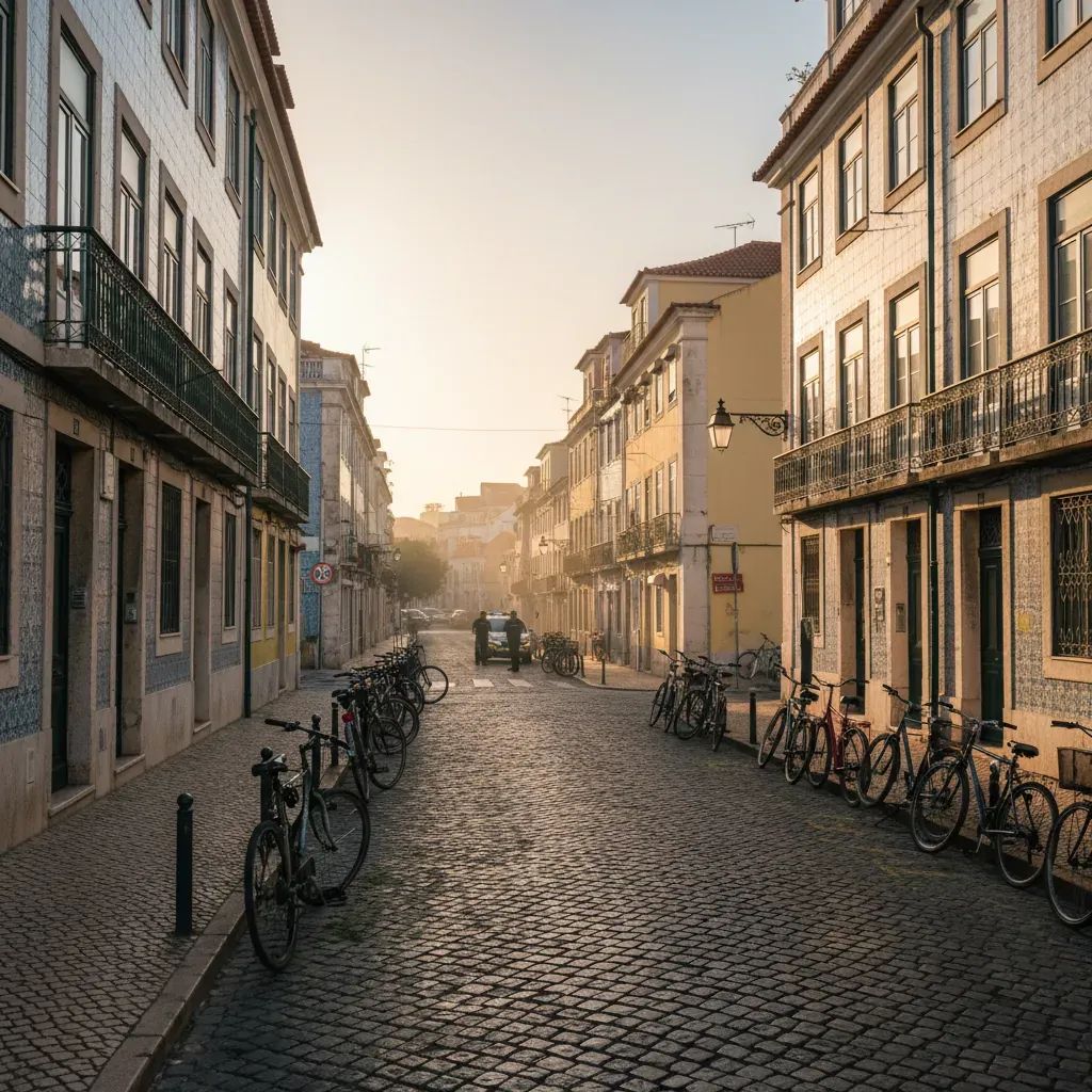 Marvila street scene with bicycles and Lisbon residential buildings during daytime