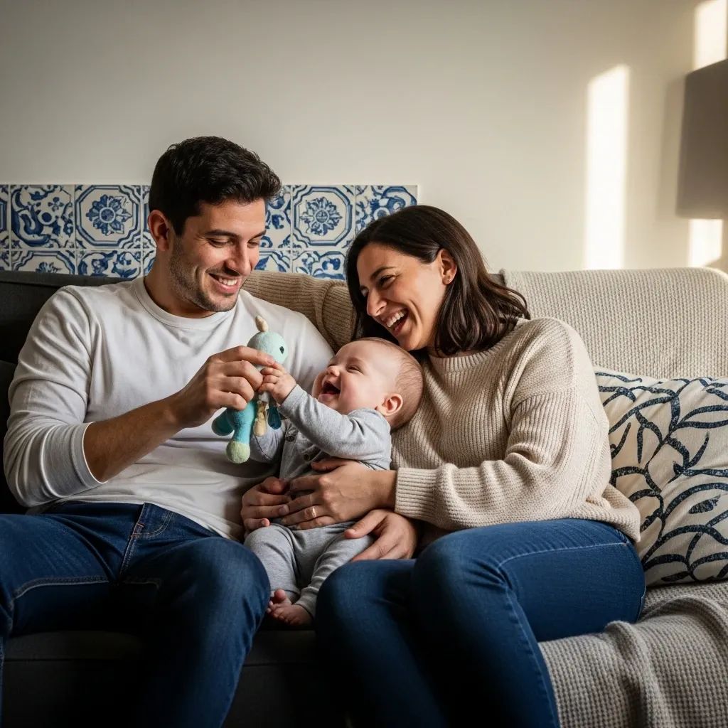 Young couple playing with their baby in a cozy home with Portuguese tile background