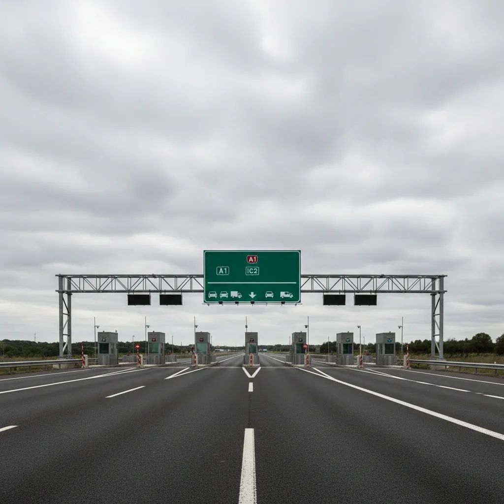 Empty Portuguese motorway toll gantry under cloudy sky with green route sign