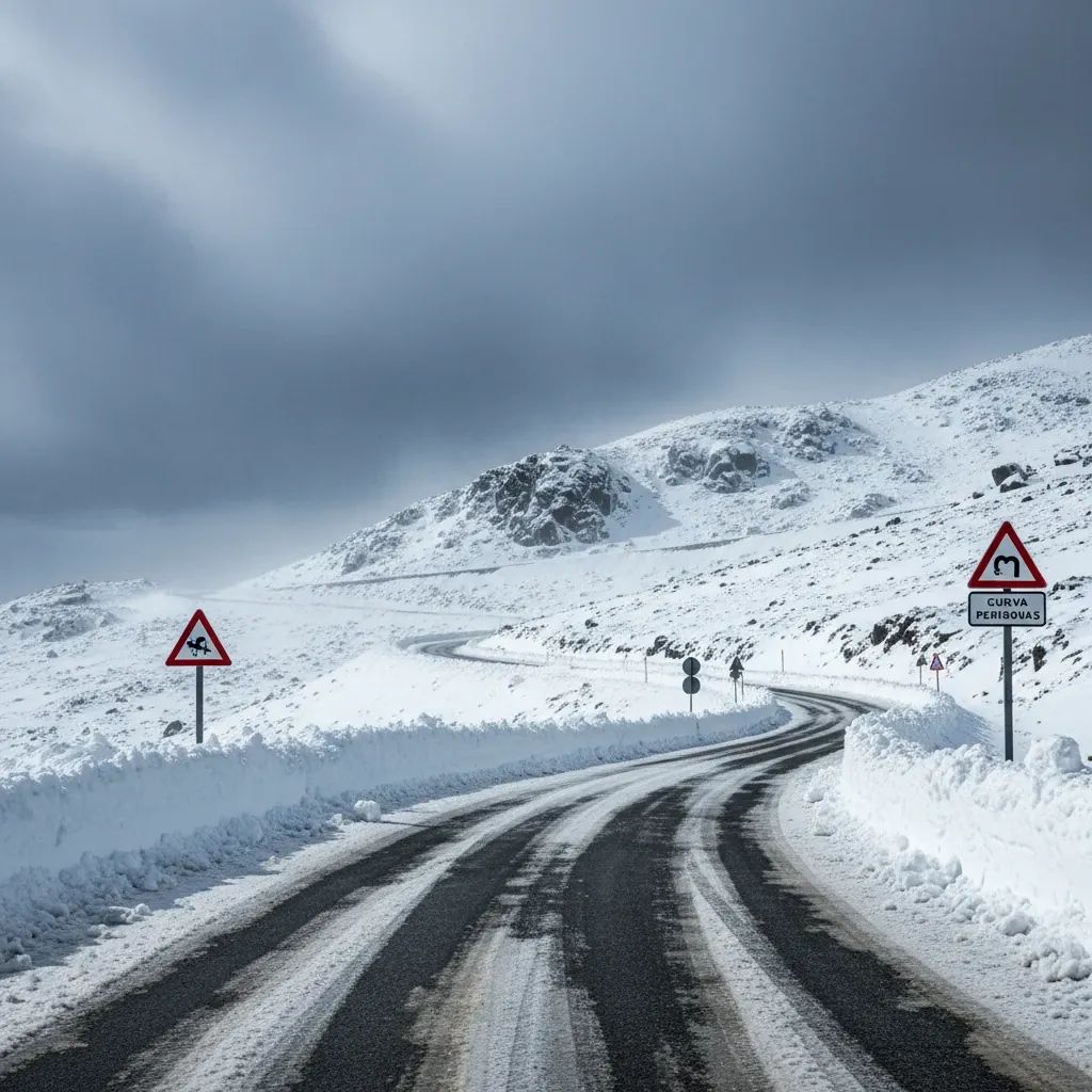 Snow-covered mountain road in Portugal with warning signs during winter weather conditions