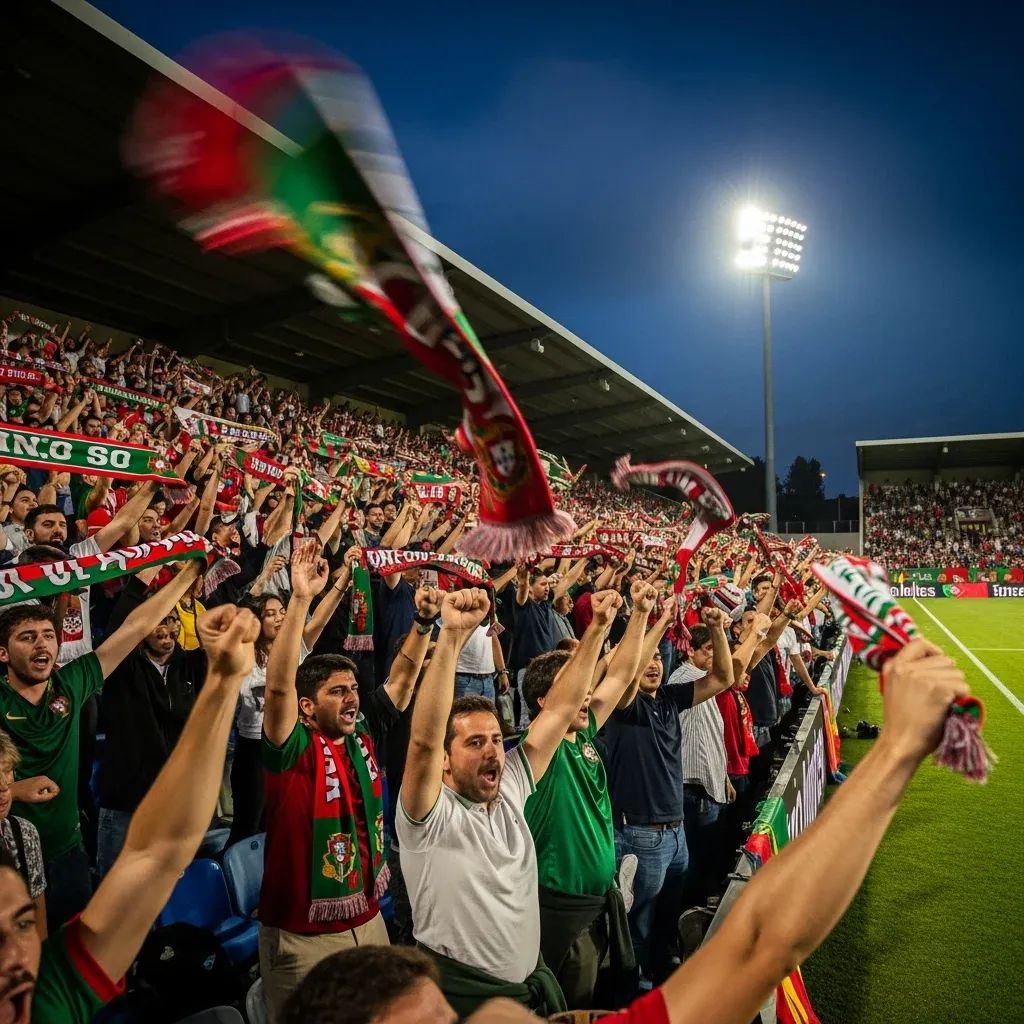 Fans celebrating at a small Portuguese football stadium under floodlights