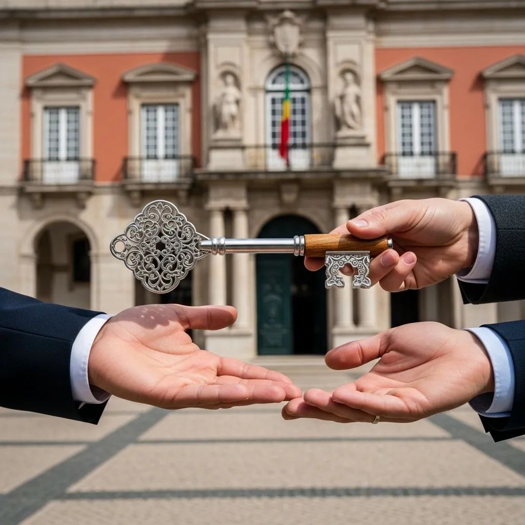 Hands exchanging an ornate silver-and-oak key before a historic Portuguese city hall