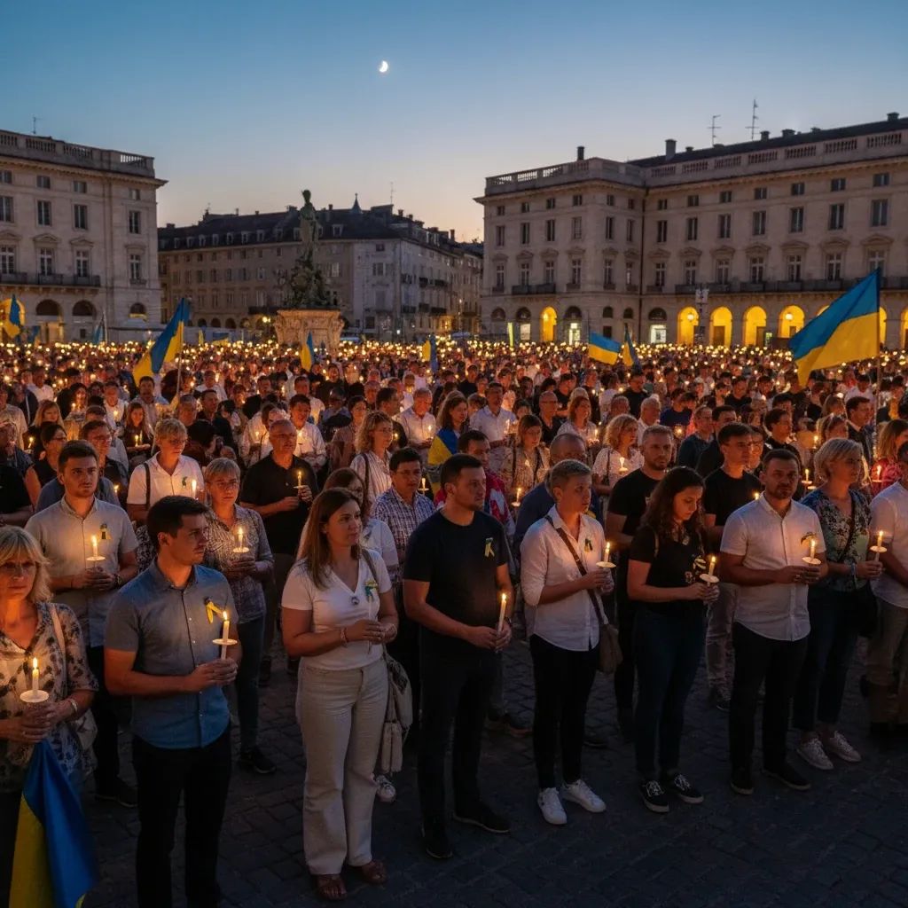 Ukrainian community members holding candles in solidarity march, evening vigil scene