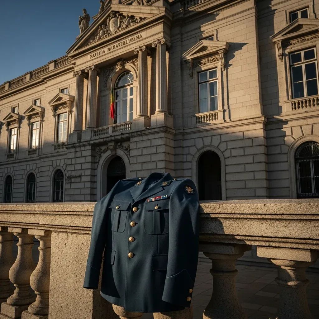 GNR uniform jacket draped on banister outside a Portuguese courthouse at dawn
