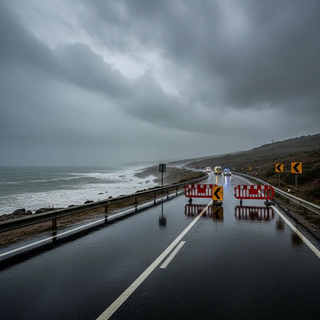 Portuguese coastal road with barriers and detour signs under stormy skies