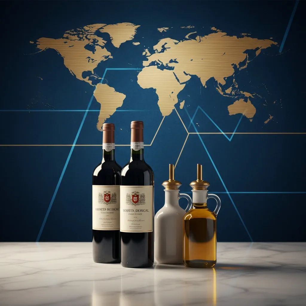 Portuguese wine and olive oil products displayed with Mercosur region map backdrop, symbolizing new trade opportunities