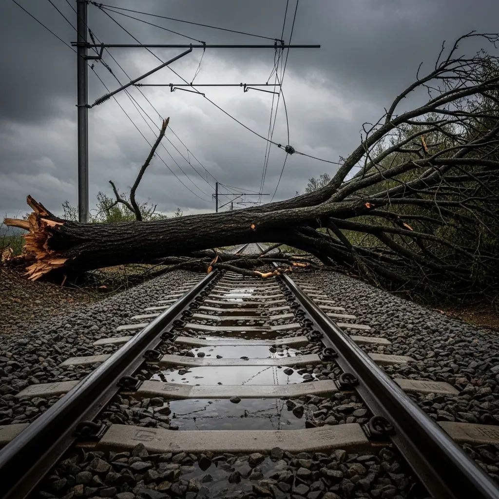 Storm-damaged railway tracks blocked by a fallen tree after gale-force winds