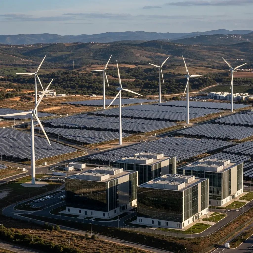 Aerial view of modern industrial park with wind turbines, solar panels and a data center building