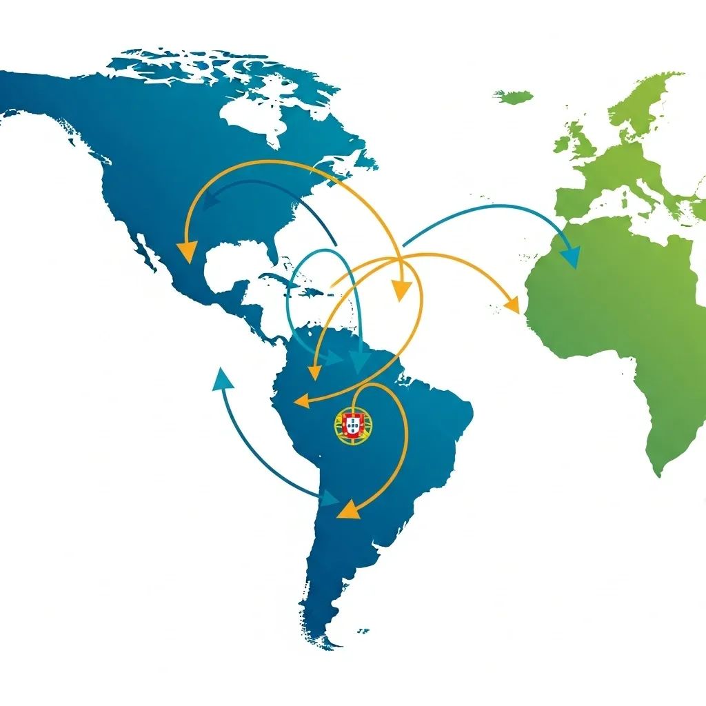 Stylized infographic map showing trade connections between Portugal and South America
