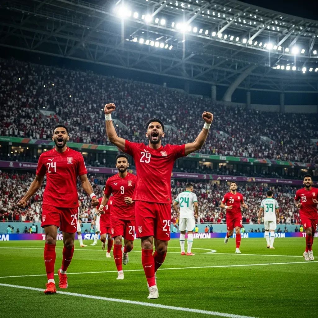 Jogadores de Omã celebrando gol em estádio moderno durante jogo da Taça Árabe