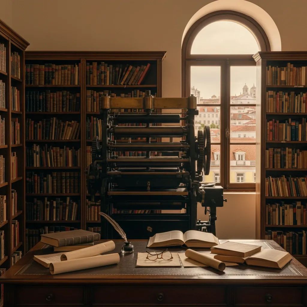 Portuguese library scene with books and vintage newspaper press, honoring literary and journalistic legacy