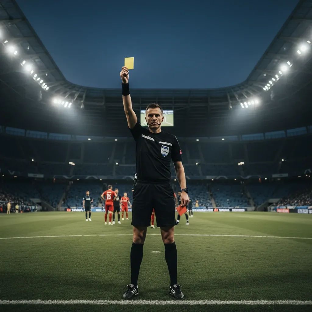 Football referee in black uniform holding yellow and red cards in stadium setting
