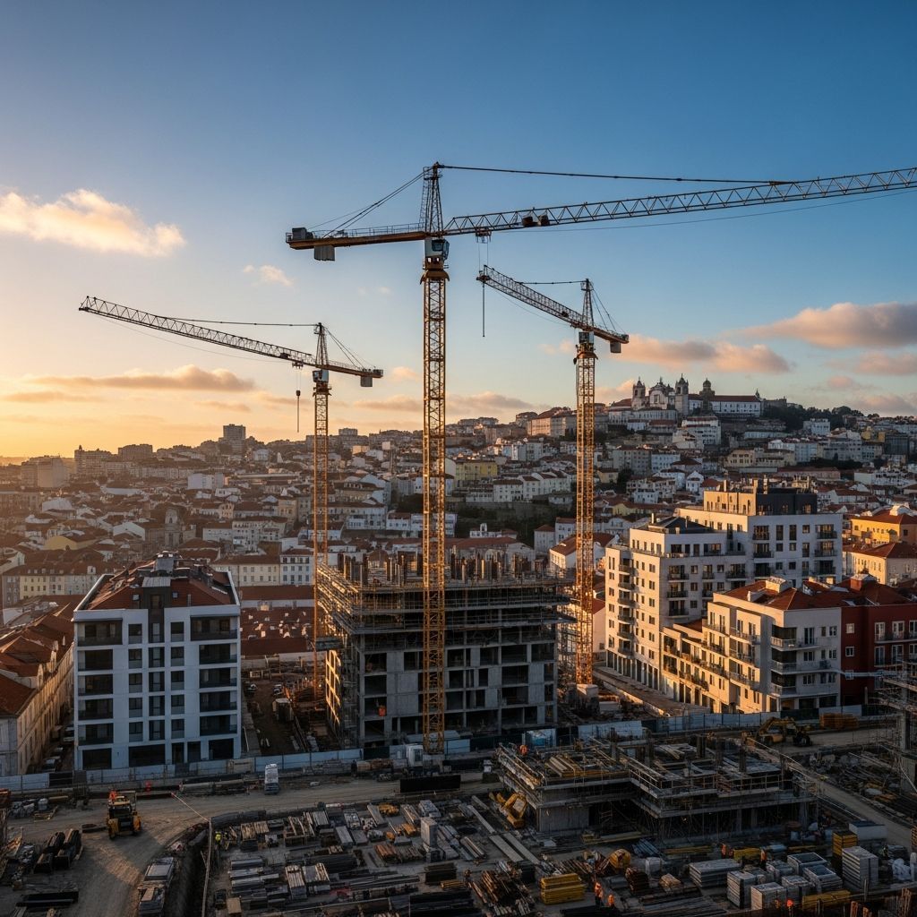 Construction site with cranes and new apartments in a Portuguese city skyline
