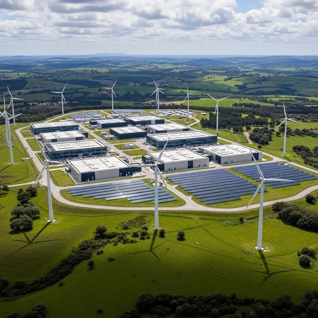 Aerial view of a green-powered data center facility with solar panels and wind turbines in Portugal