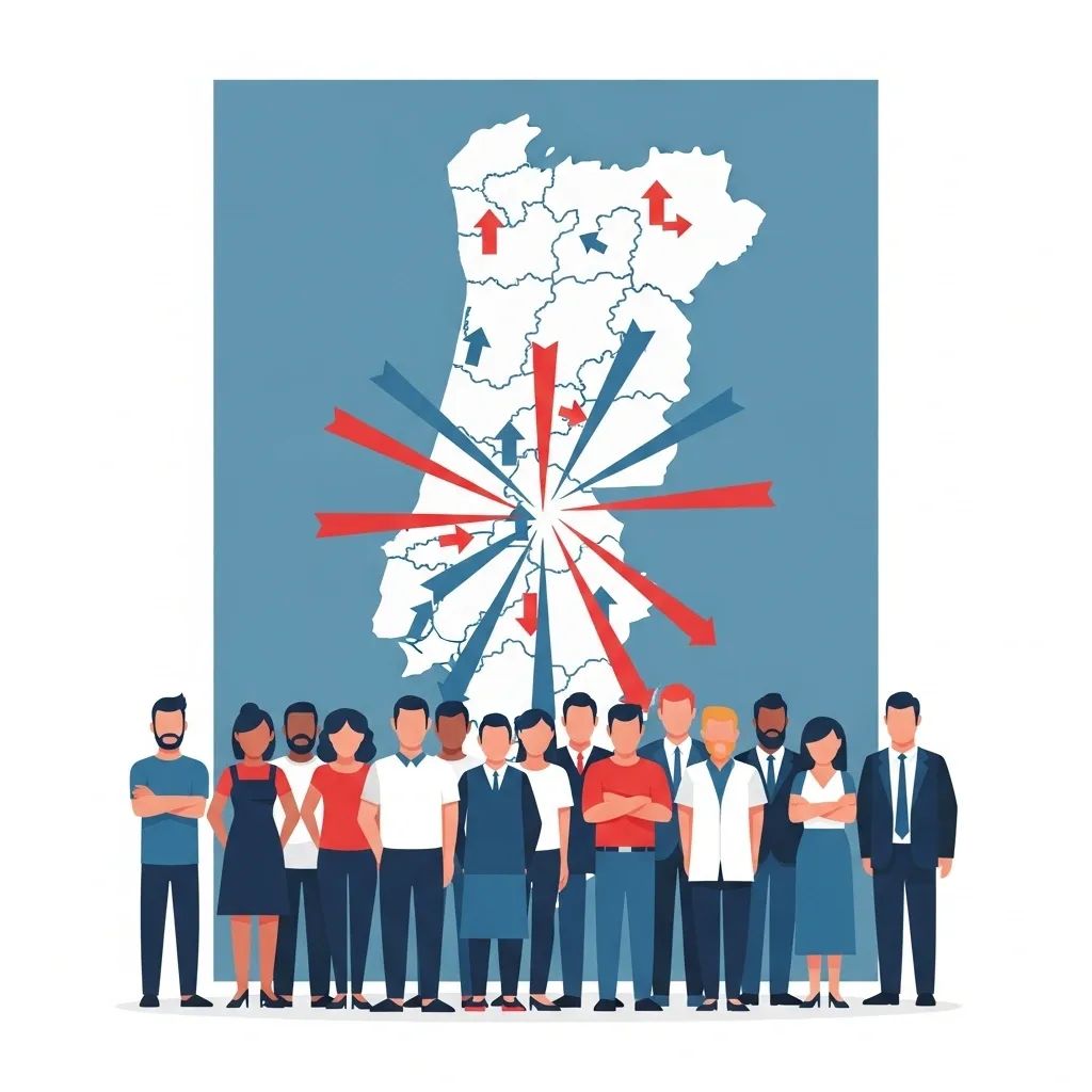 Illustration of diverse voters converging on a map of Portugal representing centrist vote pooling