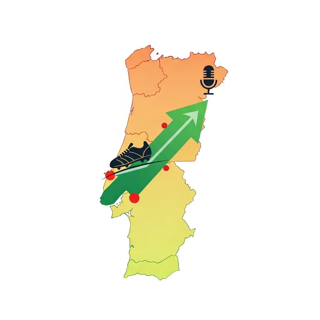 Infographic of Portugal map with upward arrow, soccer boot and microphone icons