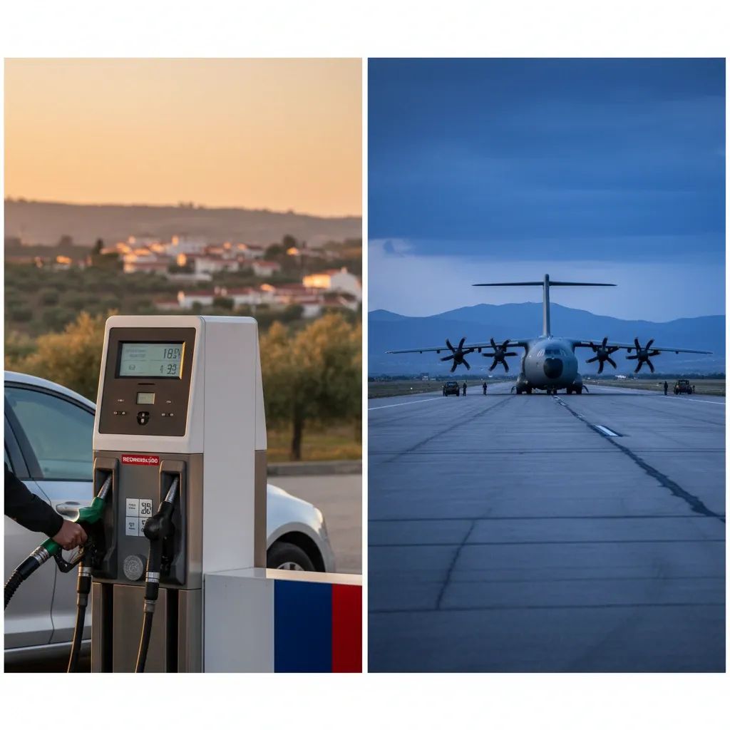 Portuguese gas pump with military aircraft symbolizing connection between Middle East conflict and fuel costs