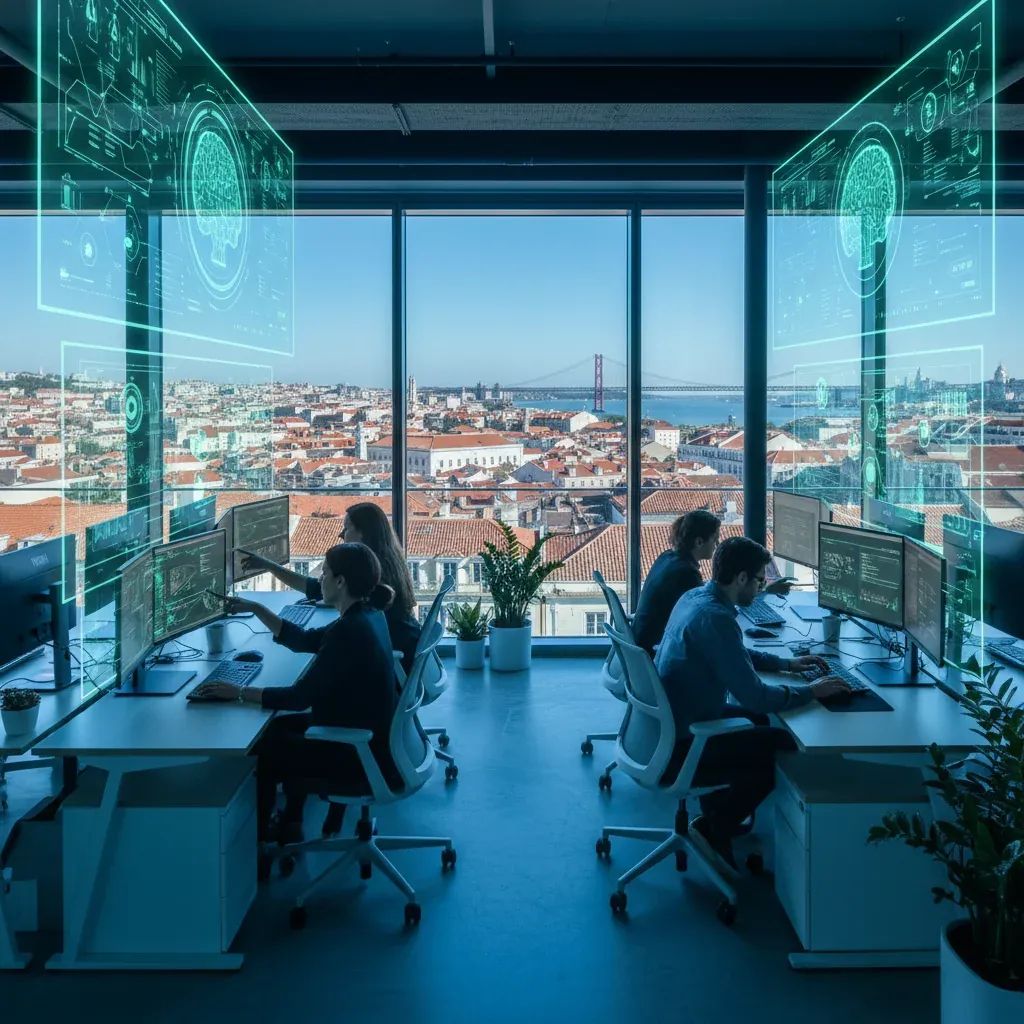 Modern tech professionals collaborating in an office with Lisbon cityscape in background
