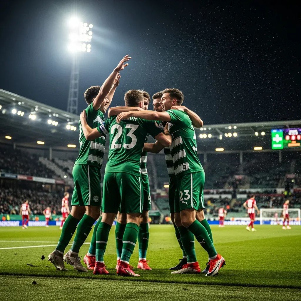 Sporting Lisbon players celebrating a goal at a stadium under floodlights