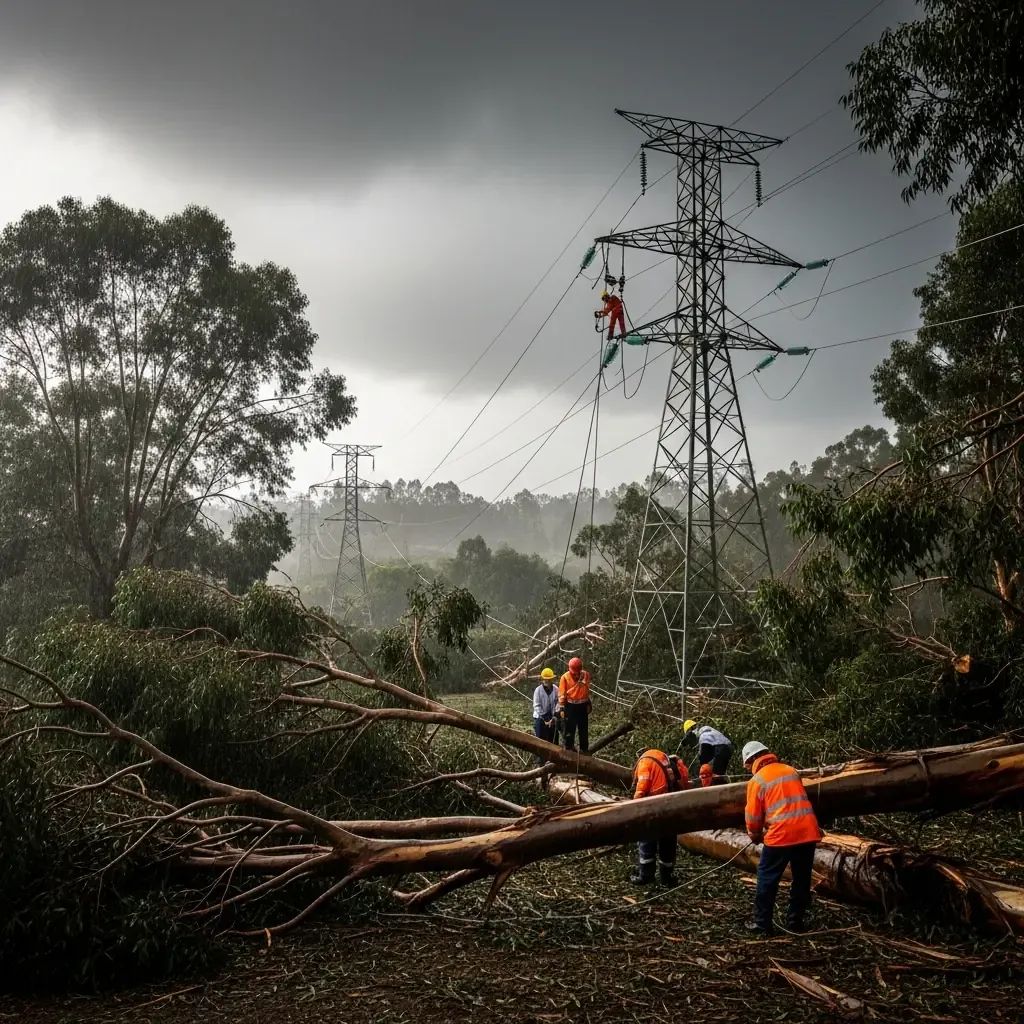 Power crews working to restore electricity amid storm-damaged power lines and fallen trees in rural Portugal