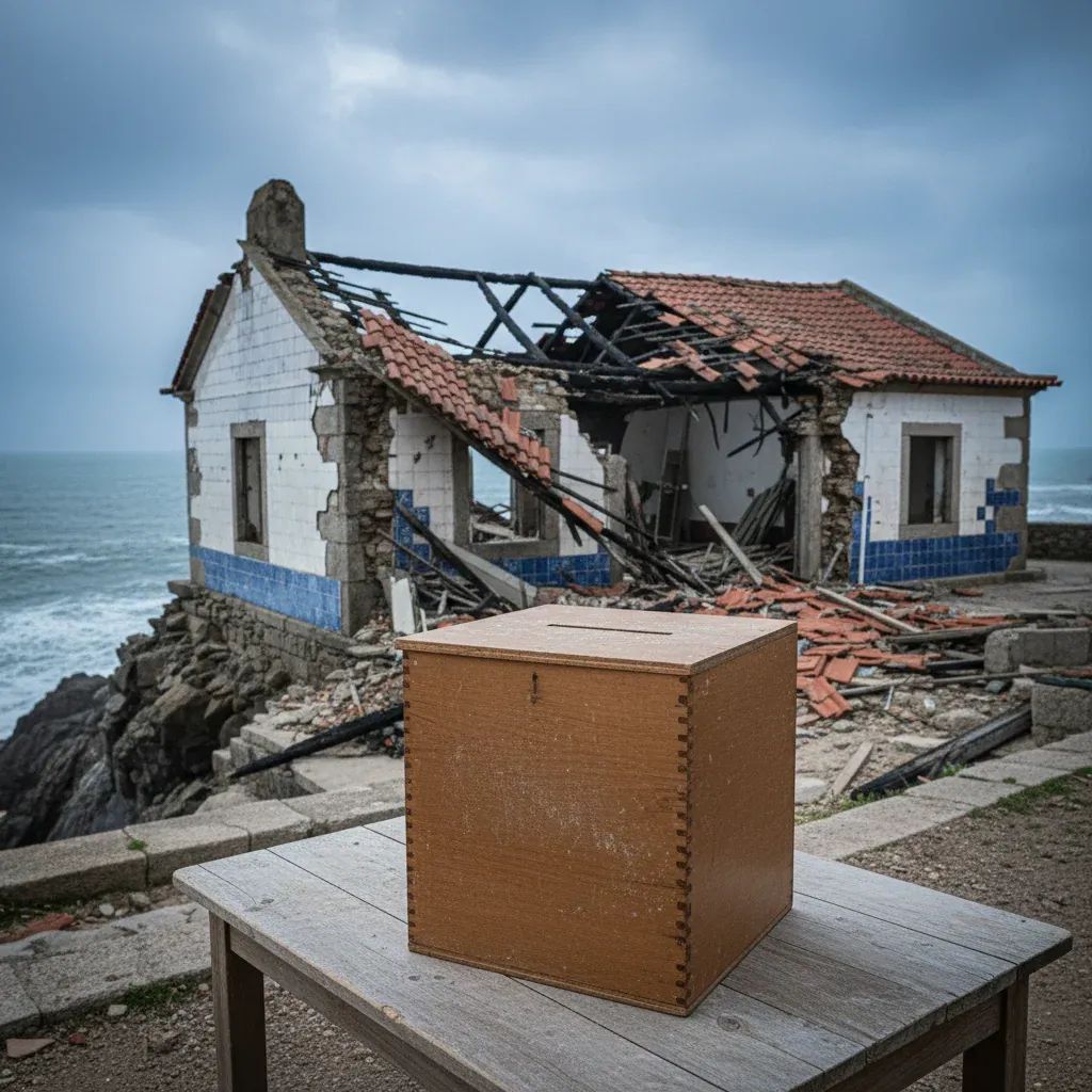 Ballot box in front of a storm-damaged Portuguese coastal house symbolizing election and relief